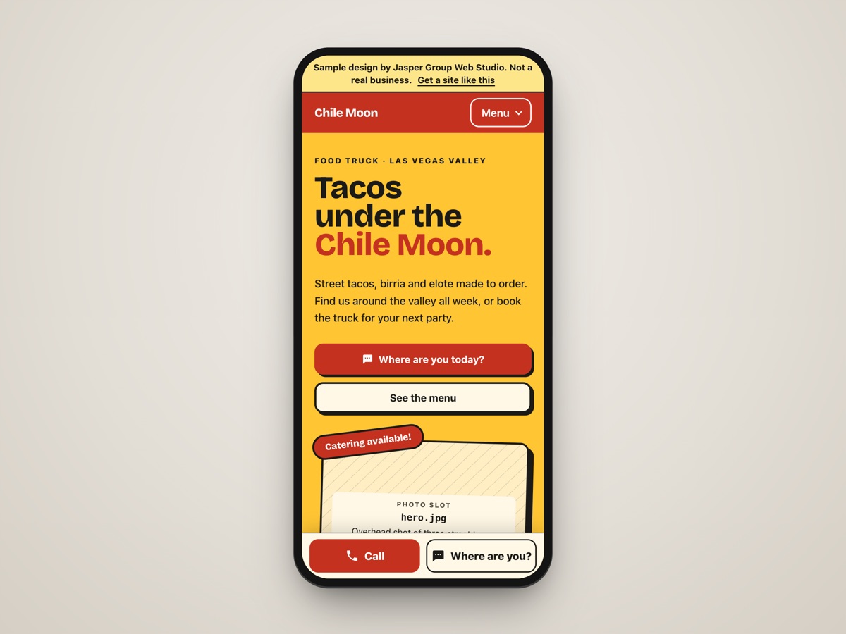 Phone showing the Chile Moon Taco Truck sample website